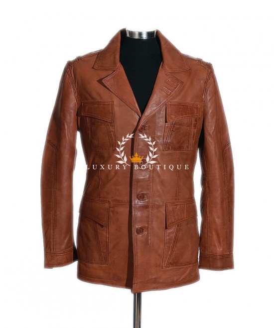 Freddie Tan Men's Safari Style New Smart Casual Real Italian Lambskin Leather Collared Designer Fashion Jacket