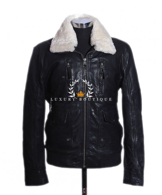 Brayden Black Men's Aviator Pilot Bomber Detachable Fur Collar Real Washed Lambskin Leather Flying Jacket