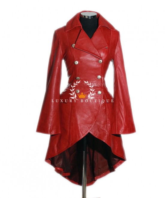 Valentina Red Ladies Military Style Double Breasted Knee Length Designer Steampunk Real Lambskin Leather Corset Flare Coat Tailcoat