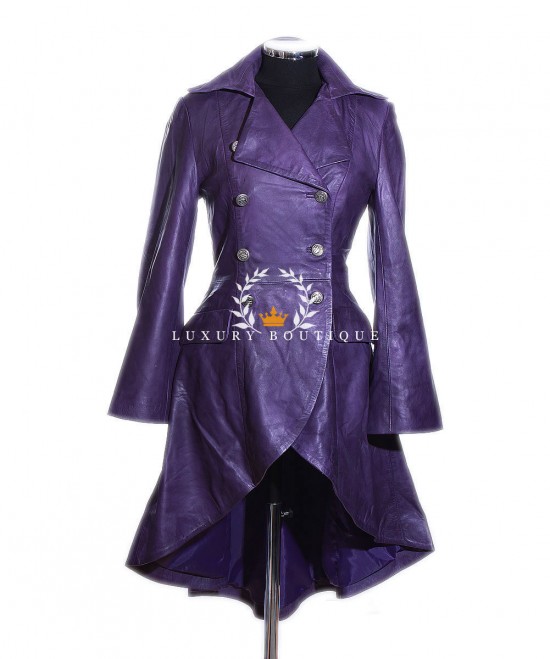 Valentina Purple Ladies Military Style Double Breasted Knee Length Designer Steampunk Real Lambskin Leather Corset Flare Coat Tailcoat