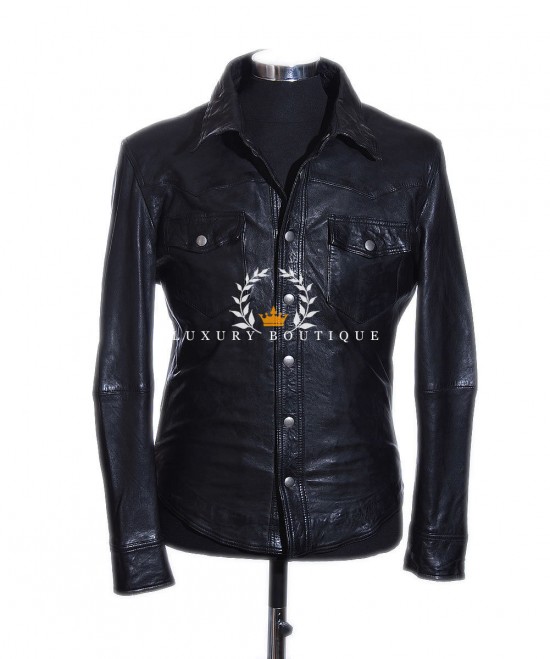 Nathan Black Men's New Smart Casual Designer Real Lambskin Leather Trucker Shirt Jacket