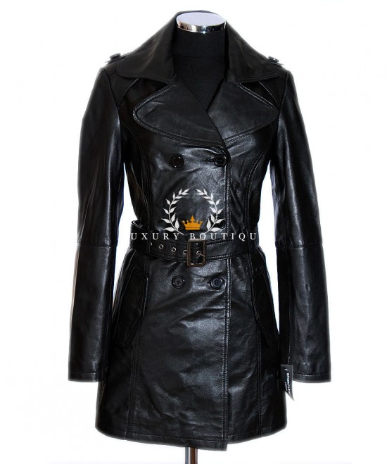 Christina Black Ladies Military Style Knee Length New Smart Casual Designer Real Soft Washed Lambskin Leather Fashion Blazer Trench Coat