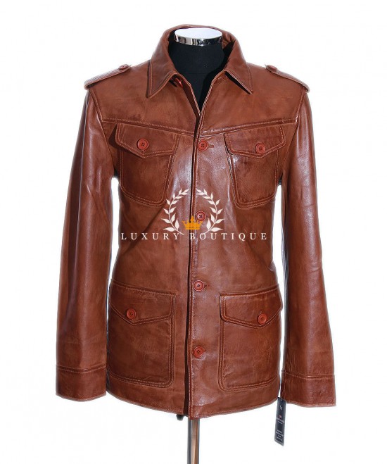 Scott Tan Men's Safari Style Smart Casual Real Soft  Lambskin Leather Shirt Jacket