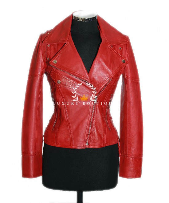 Ivy Red Ladies Biker Style Double Breasted Hip Lace Steampunk Designer Retro Real Soft Lambskin Leather Short Fashion Jacket   