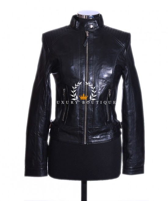 Lexi Tan Ladies Biker Style New Retro Designer Ribbed Shoulders Real Soft Lambskin Leather Fashion Jacket