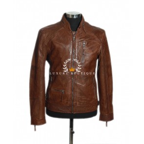 Fernando Brown Men's Safari Style Smart Casual Real Soft Washed Lambskin Leather Retro Fashion Jacket