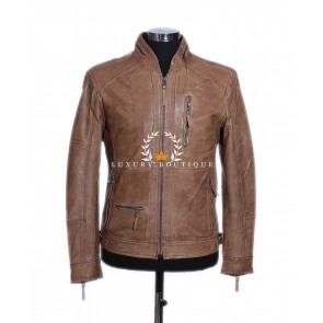 Fernando Khaki Brown Men's Safari Style Smart Casual Real Soft Lambskin Leather Retro Fashion Jacket