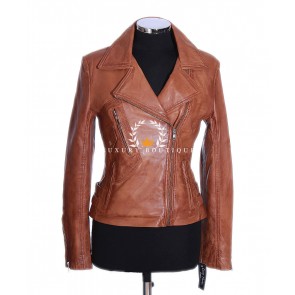 Teresa Tan Ladies Biker Style Double Breasted Designer Real Italian Lambskin Leather Fashion Jacket