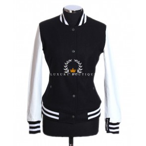 Ladies Varsity Baseball Black Wool Body with White Lambskin Leather Sleeves Bomber Jacket