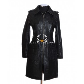 Roselyn Black Ladies Military Style Knee Length Smart Casual Designer Real Italian Washed Lambskin Leather Fashion Trench Coat