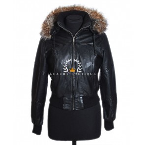 Matilda Black Ladies Classic Bomber Detachable Fur Hood Real Italian Lambskin Leather Winter Hooded Jacket