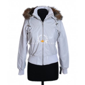 Matilda White Ladies Classic Bomber Detachable Fur Hood Real Italian Lambskin Leather Winter Hooded Jacket