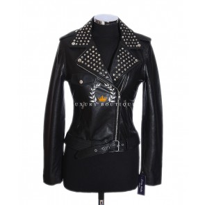 Veronica Black Studded Ladies Biker Style Double Breasted Collared Retro Designer Italian Lambskin Leather Fashion Jacket