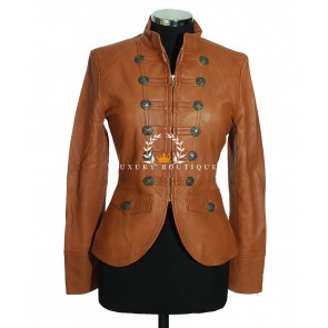 Destiny Tan Ladies Military Style Smart Designer Real Italian Soft Lambskin Leather Short Fashion Jacket