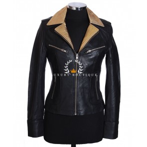Kylie Black / Gold Collar Ladies Smart Casual Biker Style Designer Retro Real Italian Washed Lambskin Leather Short Fashion Jacket