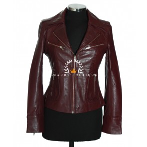 Kylie Maroon Ladies Smart Casual Biker Style Designer Retro Real Italian Washed Lambskin Leather Short Fashion Jacket