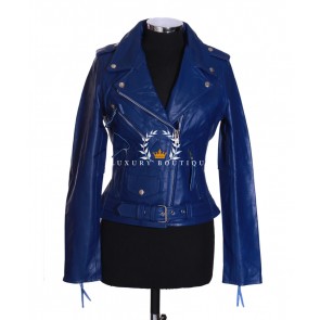 Brando Blue Ladies Biker Style Cruiser Double Breasted Real Vintage Cowhide Leather Fashion Jacket