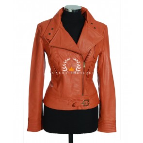 Daisy Orange Ladies Military Style Double Breasted Designer Real Italian Washed Lambskin Leather Short Fashion Jacket