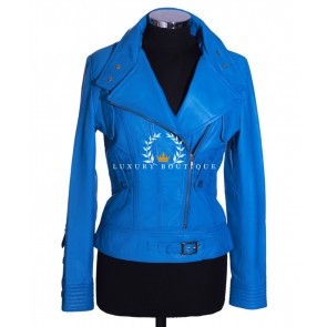 Daisy Sky Blue Ladies Military Style Designer Real Italian Soft Lambskin Leather Short Fashion Jacket