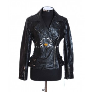 Vienna Black Ladies Biker Style Retro Designer Real Italian Washed Lambskin Leather Fashion Jacket
