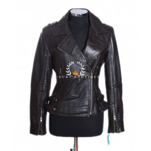 Vienna Dark Brown Ladies Biker Style Retro Designer Real Italian Washed Lambskin Leather Fashion Jacket