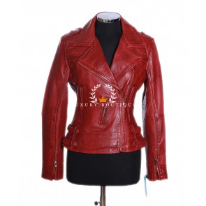 Vienna Red Ladies Biker Style Retro Designer Real Italian Washed Lambskin Leather Fashion Jacket