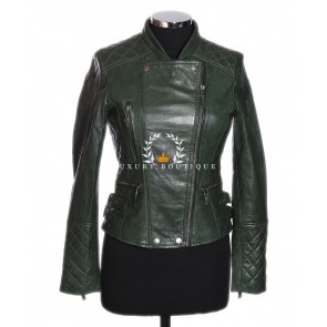 Roxy Green Ladies Biker Style Retro Designer Real Italian Washed Quilted Lambskin Leather Fashion Jacket