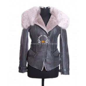 Prestige Eleanor Grey Ladies Women's Military Style Real Beige Marino Shearling Sheepskin Wool with Toscana Fur Collar Leather Fashion Winter Coat
