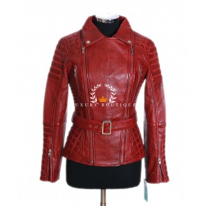 Gabrielle Red Ladies Biker Style Double Zipper Designer Real Italian Quilted Washed Lambskin Leather Catwalk Fashion Jacket