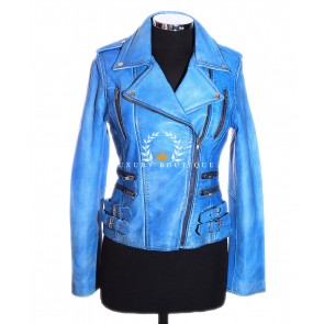Eva Stonewashed Blue Ladies Biker Style Retro Designer Real Italian Washed Lambskin Leather Fashion Jacket   