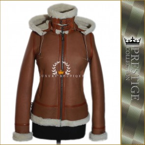 Ladies B3 Bomber Tan Detachable Hood Real Merino Shearling Sheepskin Wool Classic Military WW2 Aviator Winter Leather Flying Jacket