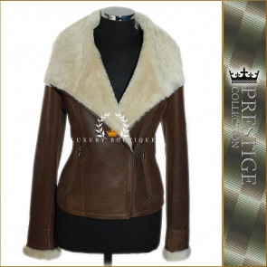 Prestige Maria Rust Brown / Beige Ladies Women's 100% Genuine Marino Shearling Sheepskin Leather Fashion Winter Jacket