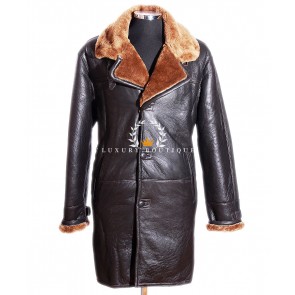 Men's Roy Brown / Ginger Smart Collared Real Shearling Sheepskin Military Style Winter Leather Long Coat