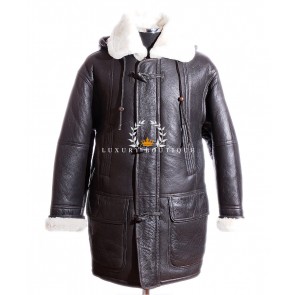 Men's Theo Black / White Real Shearling Sheepskin Detachable Hood Military Style Winter Leather Hooded Duffle Coat