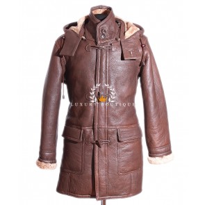Men's Camel Brown Real Shearling Sheepskin Detachable Hood Military Style Winter Leather Hooded Duffle Coat
