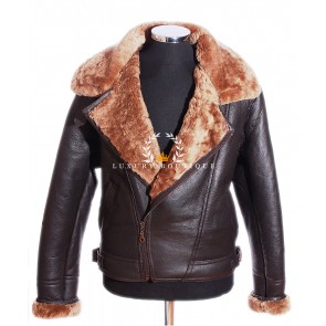 Men's Aviator Cross Zip Brown / Ginger Classic WW2 Real Merino Shearling Sheepskin Wool With Lambskin Leather Finish Winter Fashion Jacket
