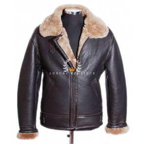 Men's Black / Ginger Shearling B3 Bomber Classic WW2 Military Style Real Merino Sheepskin Wool With Lambskin Leather Finish Winter Fashion Jacket