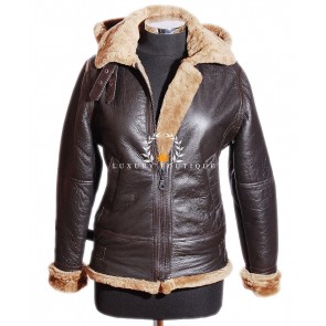 Ladies B3 Bomber Brown / Ginger Detachable Hood Real Merino Shearling Sheepskin Wool Double Breasted Classic Military WW2 Aviator Leather Winter Flying Jacket