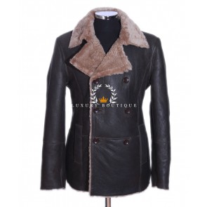 German Navy Brown / Beige Men's Military Style Smart Casual Double Breasted Real Merino Shearling Sheepskin Wool Winter Leather Coat