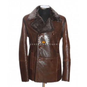 German Navy Brown Glazed Men's Military Style Smart Casual Double Breasted Real Merino Shearling Sheepskin Wool Winter Leather Coat