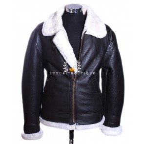 Men's Classic B3 Bomber Black / White WW2 Real Merino Shearling Sheepskin Wool With Lambskin Leather Finish Winter Fashion Jacket