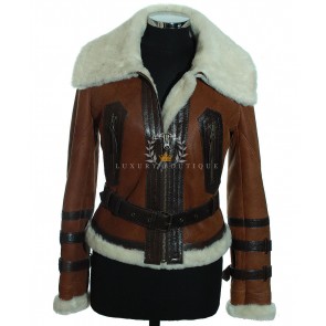 Ladies Aviator Vintage Rust Brown Real Merino Shearling Sheepskin Wool With Belt Classic B3 Bomber Military WW2 Winter Leather Flying Jacket