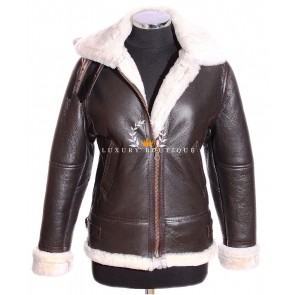 Ladies B3 Bomber Black / White Detachable Hood Real Merino Shearling Sheepskin Wool Double Breasted Classic Military WW2 Aviator Winter Leather Flying Jacket   