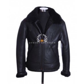 Men's Classic B3 Bomber Black WW2 Real Merino Shearling Sheepskin Wool With Lambskin Leather Finish Winter Fashion Jacket