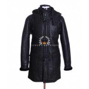 Rufus Black Men's Classic Detachable Hood Real Merino Shearling Sheepskin Leather Winter Duffle Coat