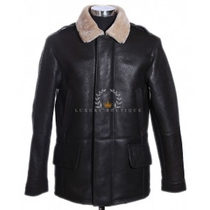 German Bundeswehr Men's Military Style Brown / Beige Real Shearling Sheepskin Leather Winter Pea Coat