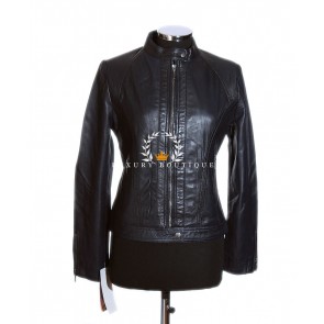 Mila Dark Blue Ladies Biker Style Retro Real Soft Washed Lambskin Leather Fashion Jacket