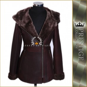 Prestige Sophia Brown Ladies Women's Hooded Marino Shearling Sheepskin Leather Coat