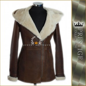 Prestige Sophia Rust Brown Ladies Women's Hooded Marino Shearling Sheepskin Leather Coat