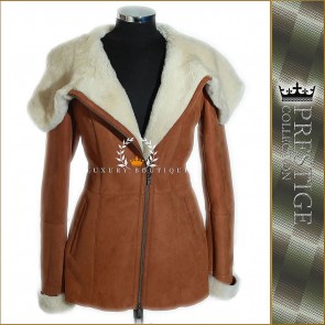Prestige Sophia Tan / White Ladies Women's Hooded Marino Real Shearling Sheepskin Leather Coat